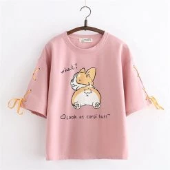 Juwas.com Online Store NEW ARRIVAL Kawaii Girls' Corgi Print Laced Sleeves Soft T-shirt Top
