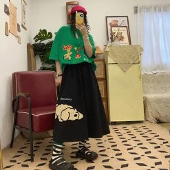 Juwas NEW ARRIVAL Puppy Embroidery High Waist A-line Skirt
