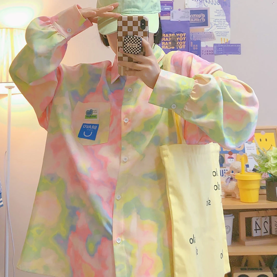 Juwas Vintage Tie-Dye Oversize Long Sleeve Shirt 8 Juwas Vintage Tie-Dye Oversize Long Sleeve Shirt
