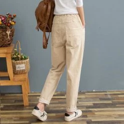 Juwas Pure Color Corduroy Elastic Waist Pants CLOTHING