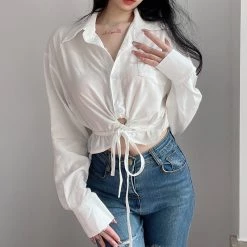 Juwas Chic White Waist Tie Crop Top Shirt