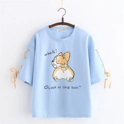 Juwas.com Online Store NEW ARRIVAL Kawaii Girls' Corgi Print Laced Sleeves Soft T-shirt Top