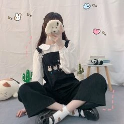 Juwas Kawaii Bunny Embroidered Overalls Jumper