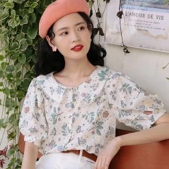 Juwas Floral Print Doll Collar Chiffon Shirt NEW ARRIVAL