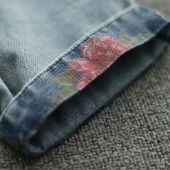 Juwas Retro Flower Embroidery Elastic Waist Cropped Jeans NEW ARRIVAL