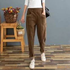 Juwas Pure Color Corduroy Elastic Waist Pants CLOTHING