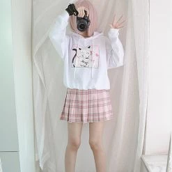 -Juwas Japanese Kawaii Fox Girl Print White Hoodie