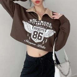 Juwas Punk Rock Brown Crop Top Sweatshirt NEW ARRIVAL