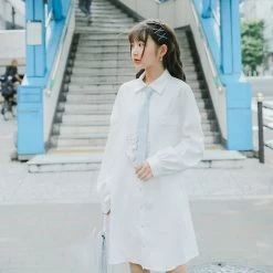Juwas Kawaii Bear White Long Sleeve Polo Shirt Dress