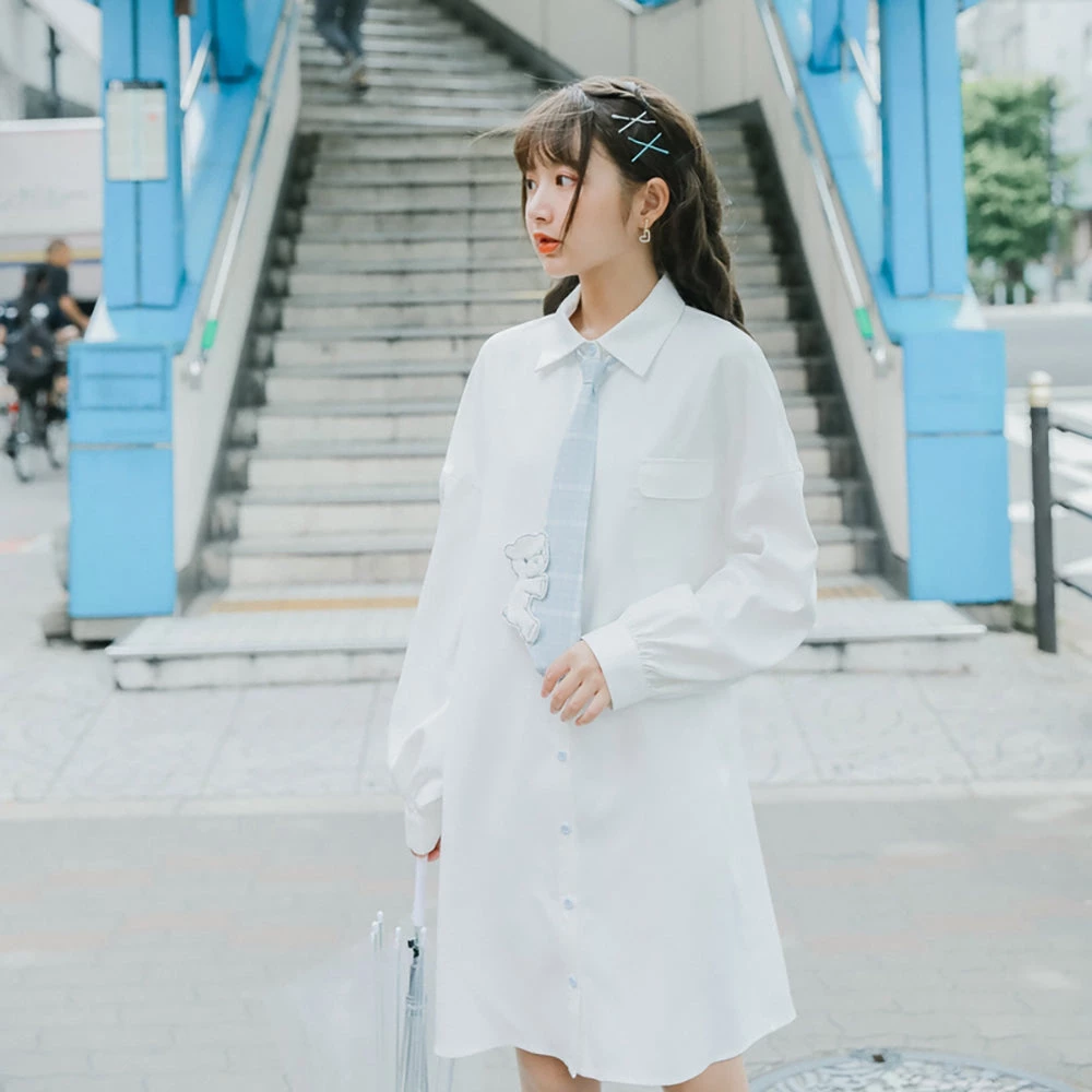 Juwas Kawaii Bear White Long Sleeve Polo Shirt Dress 3 Juwas Kawaii Bear White Long Sleeve Polo Shirt Dress