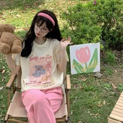 Juwas Vintage Teddy Bear Print Cotton T-shirt NEW ARRIVAL