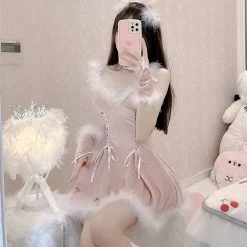 Juwas CLOTHING Sexy Lace Bunny Fur Lining Mini Dress
