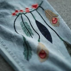 Juwas Leaf Embroidery Elastic Waist Vintage Jeans CLOTHING