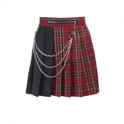 Juwas Gothic Streetwear Red Plaid Patchwork Pleated Mini Skirt CLOTHING