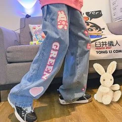 Juwas NEW ARRIVAL Sweet Bunny Hearts Patched Denim Loose Jeans