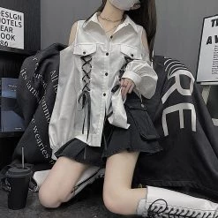 Juwas NEW ARRIVAL Vintage Lace Up Off-The-Shoulder Streetwear Shirt