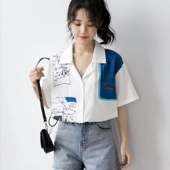 Juwas NEW ARRIVAL Vintage Print Chiffon Short Sleeve Shirt