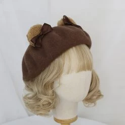 Juwas Cute Bear Ear Bowknot Beret Hat