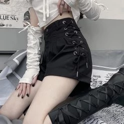 Juwas Black Lace Up High Waist Shorts NEW ARRIVAL