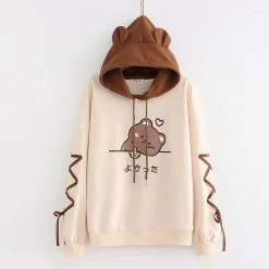 Juwas Bear Japanese Letter Print Pocket Hoodie CLOTHING