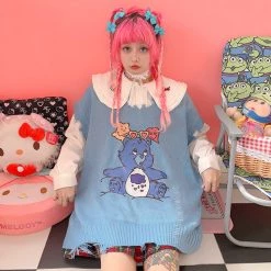 Juwas Bear Print V-neck Vest Sweater