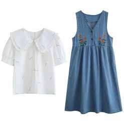 Juwas NEW ARRIVAL Japanese Doll Collar Floral Embroidery Loose Denim Dress