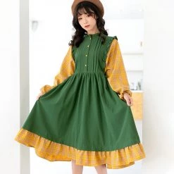 Juwas NEW ARRIVAL Countryside Plaid Long Sleeve Midi Dress