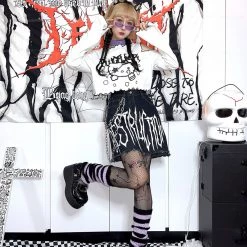 Juwas NEW ARRIVAL Gothic Letters Print Chain Denim Skirt