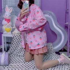 Juwas Sweet Strawberry Buttoned Long Sleeve Top NEW ARRIVAL