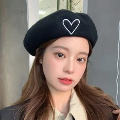 Juwas Front Heart Embroidered Beret Hat CLOTHING