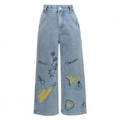 Juwas Cool Random Doodle Print Denim Bell Pants NEW ARRIVAL