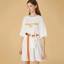 Juwas NEW ARRIVAL Letters Printed Loose T-shirt With Belt And Pocket