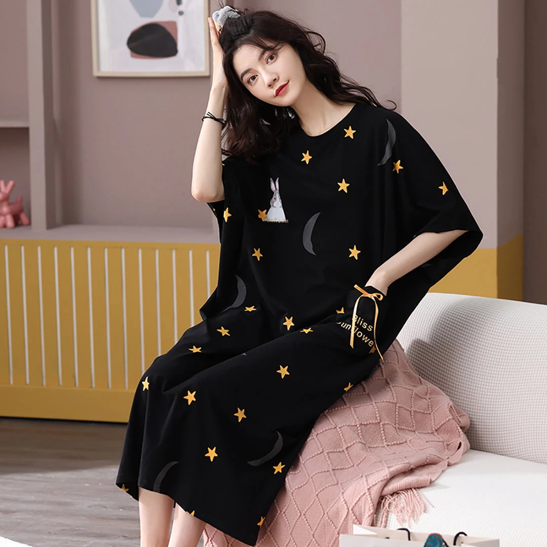 Juwas NEW ARRIVAL Lovely Rabbit Moon Stars Print Pocket Loose Summer Pajamas Dress 4 Juwas NEW ARRIVAL Lovely Rabbit Moon Stars Print Pocket Loose Summer Pajamas Dress