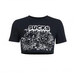 Juwas NEW ARRIVAL Black Cartoon Doodle Printed Crop Top