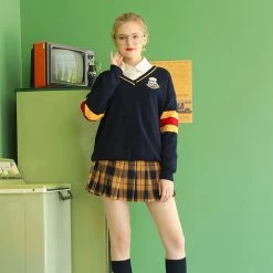 Juwas Kawaii Navy Blue University V-Neck Sweatshirt NEW ARRIVAL