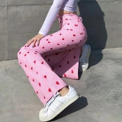Juwas NEW ARRIVAL Pink Love Heart High Waist Pants