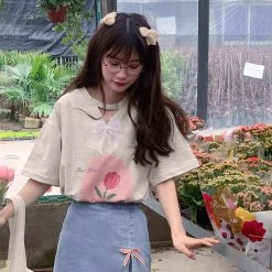 Juwas NEW ARRIVAL Vintage Flowers Print Loose Cotton T-shirt