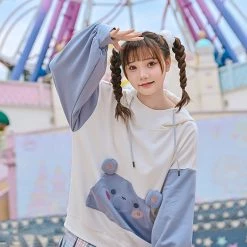 Juwas Blush Mouse Pocket Two-Tone Sweater Hoodie CLOTHING