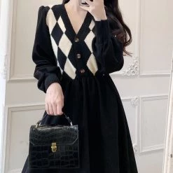 Juwas Checkered Pattern Button Up Midi Dress