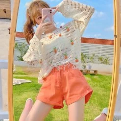 Juwas NEW ARRIVAL Strawberry Mesh Hole Loose Sweater Blouse