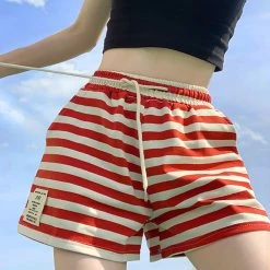 Juwas Red Strip Cotton Loose Shorts