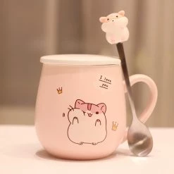 Juwas Pastel Pink Hamster Mug With Lid And Spoon