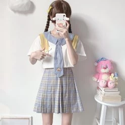 Juwas NEW ARRIVAL Cartoon Paw Embroidery Sailor Collar Summer T-shirt