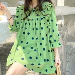 Juwas Vintage Polka Dots Green Loose Cotton Shirt NEW ARRIVAL