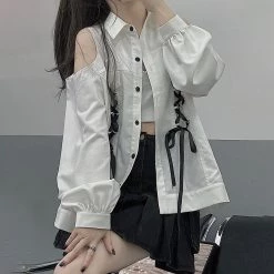 Juwas NEW ARRIVAL Vintage Lace Up Off-The-Shoulder Streetwear Shirt