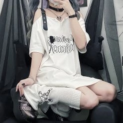 Juwas Gothic Letters Rose Print Off-The-Shoulder Long T-shirt NEW ARRIVAL