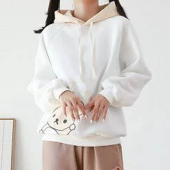 Juwas Cartoon Bear Print Warm Hoodie CLOTHING