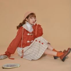 -Juwas NEW ARRIVAL Red N Beige Autumn Season Skirt Coat