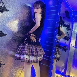 Juwas Pink Gothic Princess Plaid Ruffle Mini Skirt