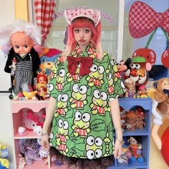Juwas Harajuku Cartoon Frog Print Loose Shirt NEW ARRIVAL